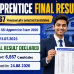 SBI Apprentice Final Result 2026 banner showing 6,867 provisionally selected candidates, exam held 11.07.2026, result declared 24.08.2026