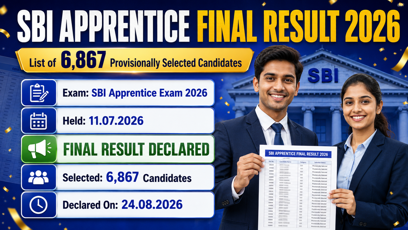 SBI Apprentice Final Result 2026 banner showing 6,867 provisionally selected candidates, exam held 11.07.2026, result declared 24.08.2026