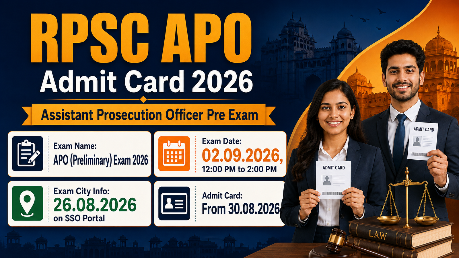 RPSC APO Admit Card 2026 banner showing Assistant Prosecution Officer Preliminary Exam on 02.09.2026, exam city info from 26.08.2026 and admit card download from 30.08.2026