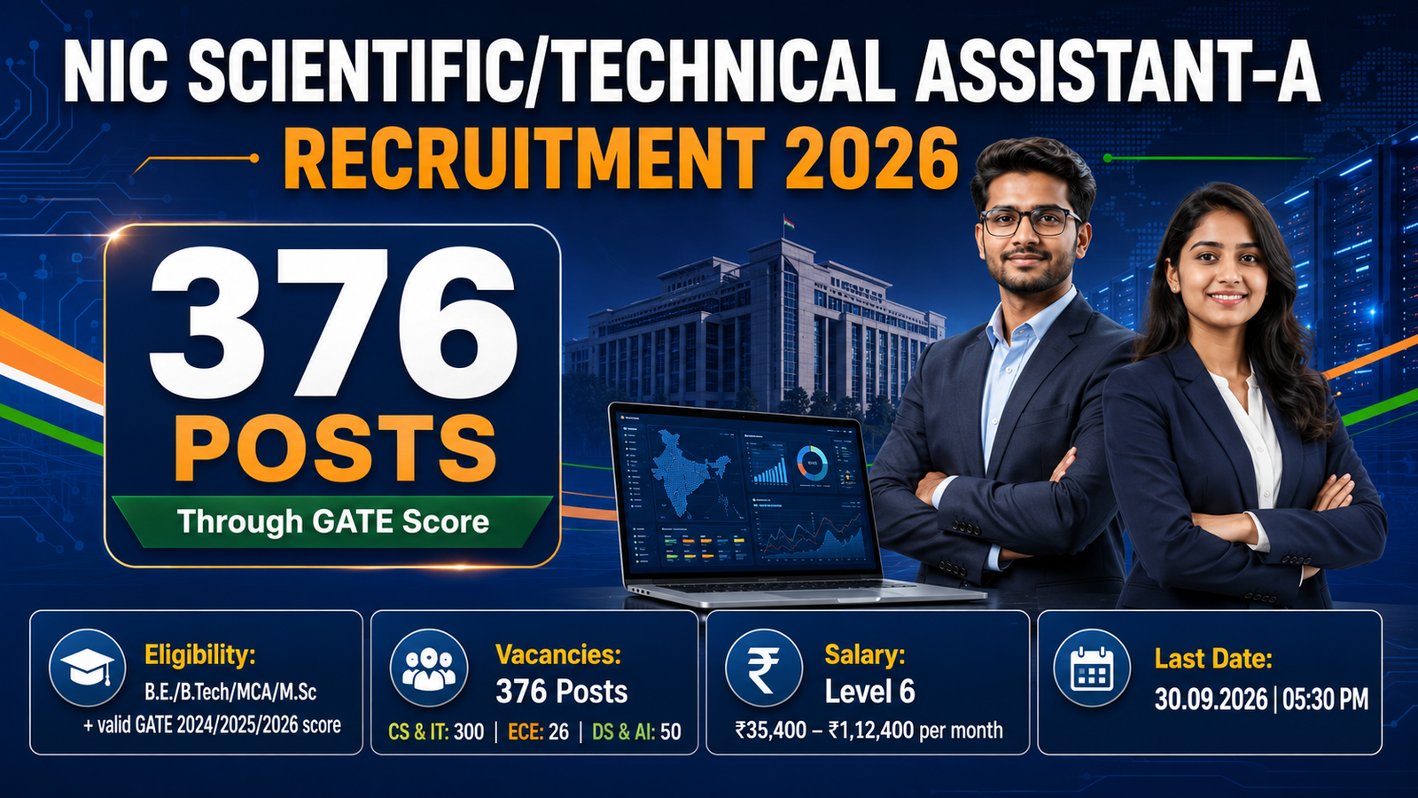 NIC Scientific/Technical Assistant-A Recruitment 2026 banner showing 376 posts through GATE score, Level 6 pay and last date 30.09.2026