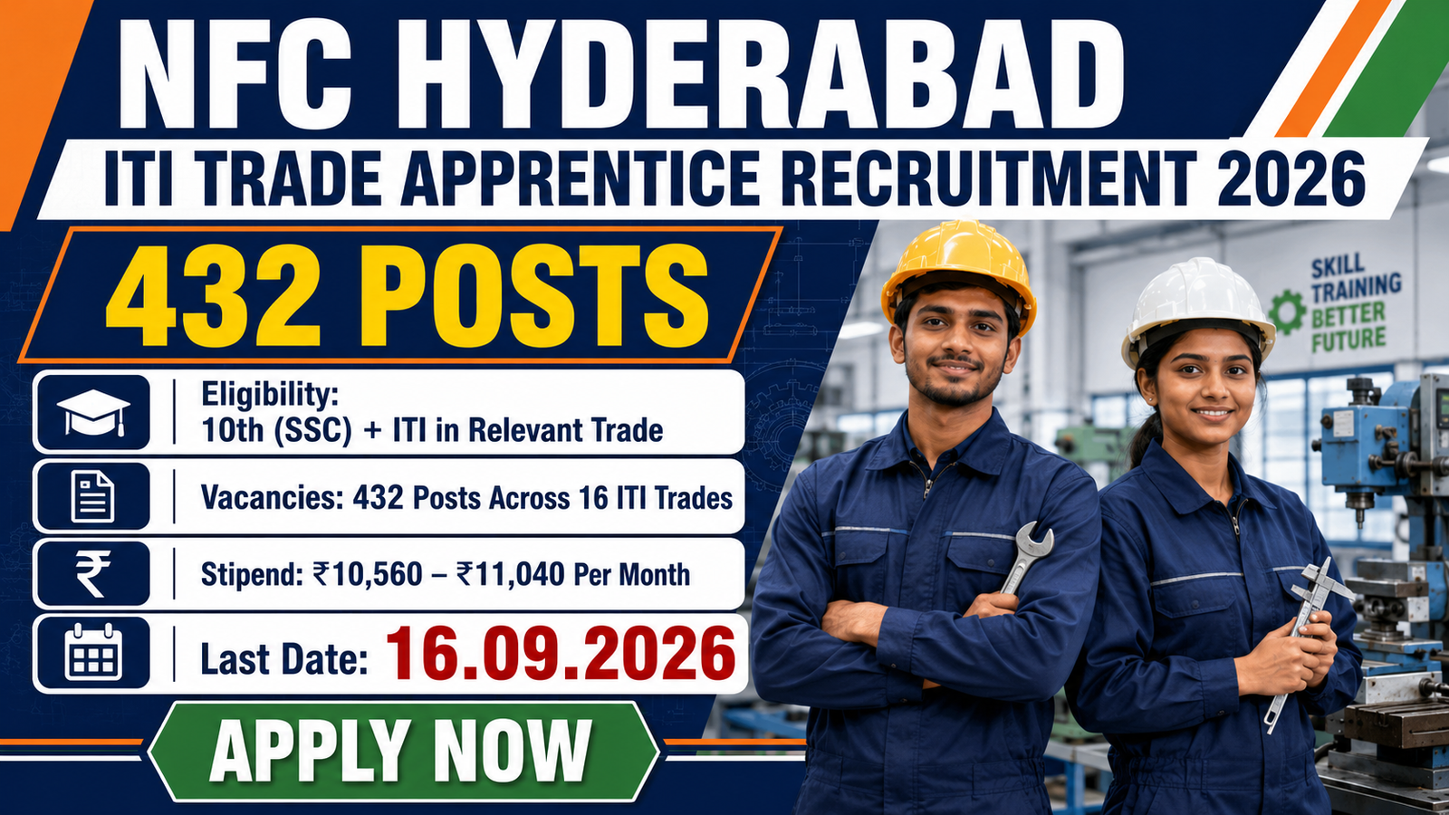 NFC Hyderabad ITI Trade Apprentice Recruitment 2026 - 432 posts, apply online on NAPS portal by 16.09.2026