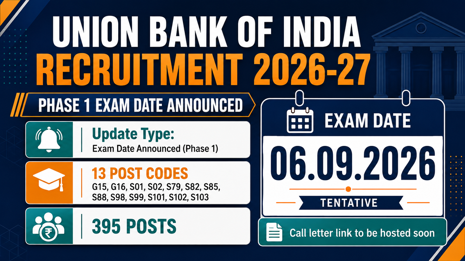 Union Bank of India Recruitment Project 2026-27 Phase 1 exam date announced for 06.09.2026 covering 13 post codes