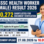 UPSSSC Health Worker Female Result 2026 banner showing 10,272 candidates shortlisted for document verification against 5,272 posts with a 61.75 unreserved cut-off and document upload from 27.08.2026 to 10.09.2026