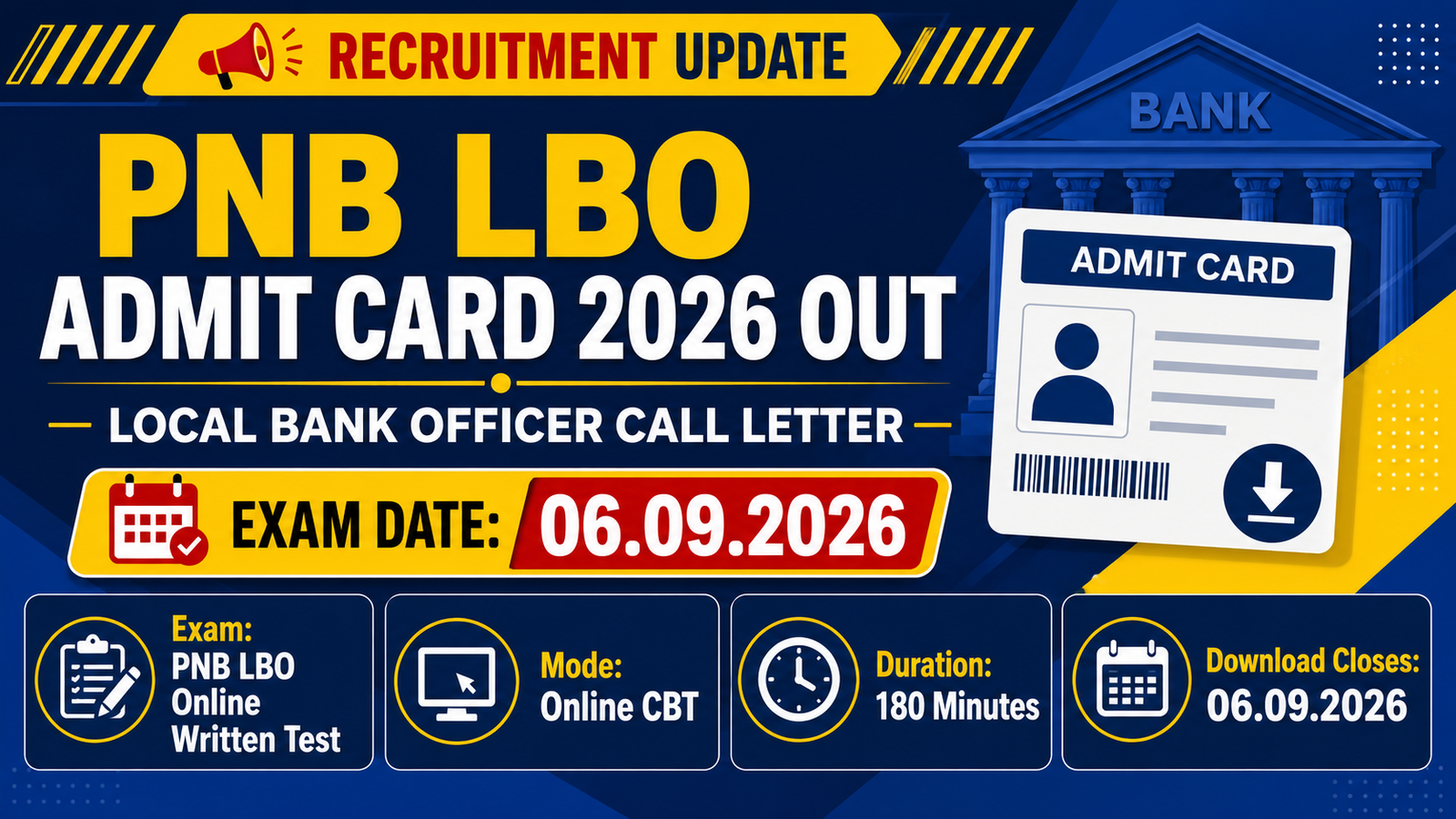 PNB LBO Admit Card 2026 out - Local Bank Officer call letter for the online written test on 06.09.2026