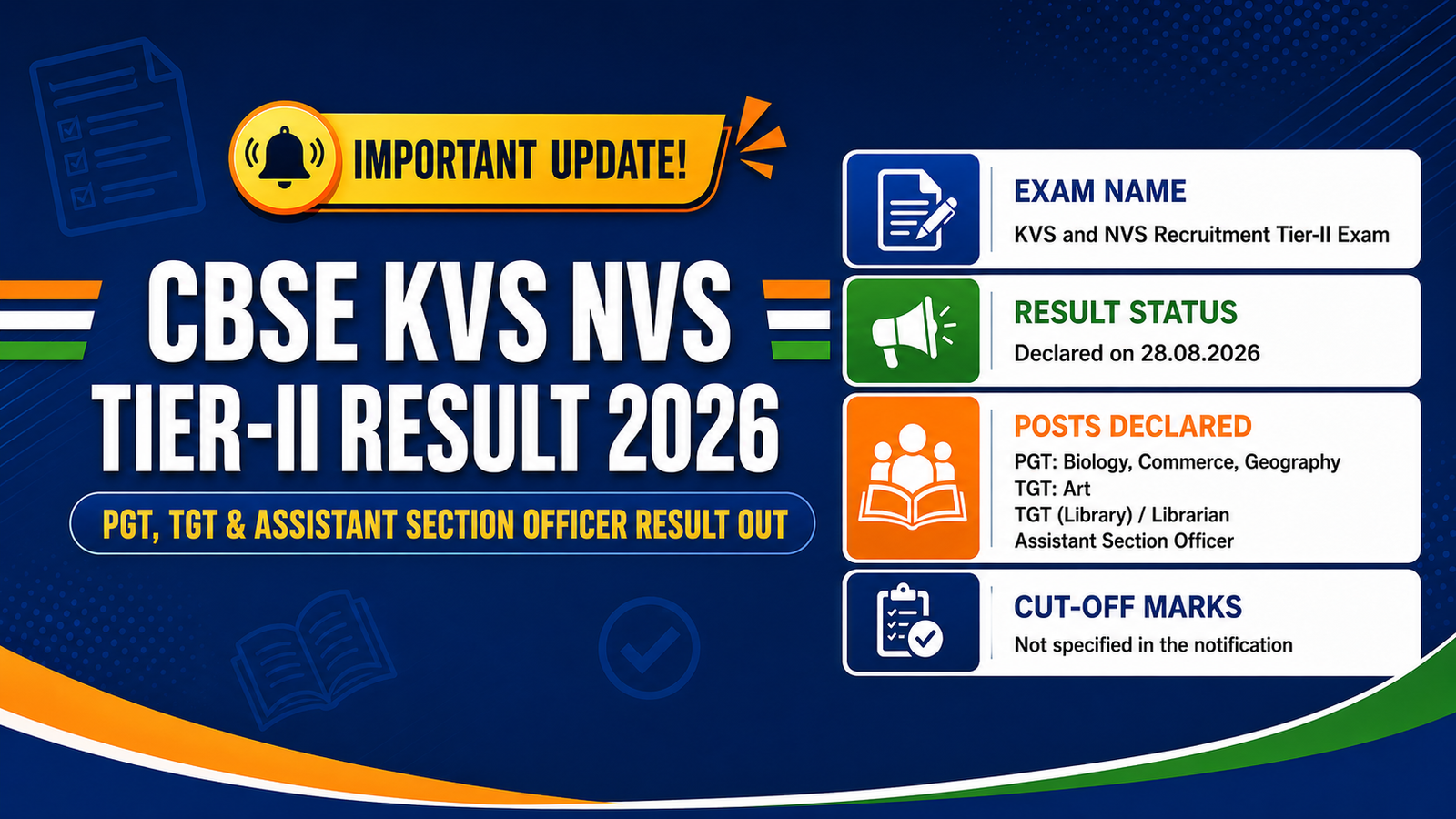 CBSE KVS NVS Tier-II Result 2026 declared on 28.08.2026 for PGT, TGT and Assistant Section Officer posts