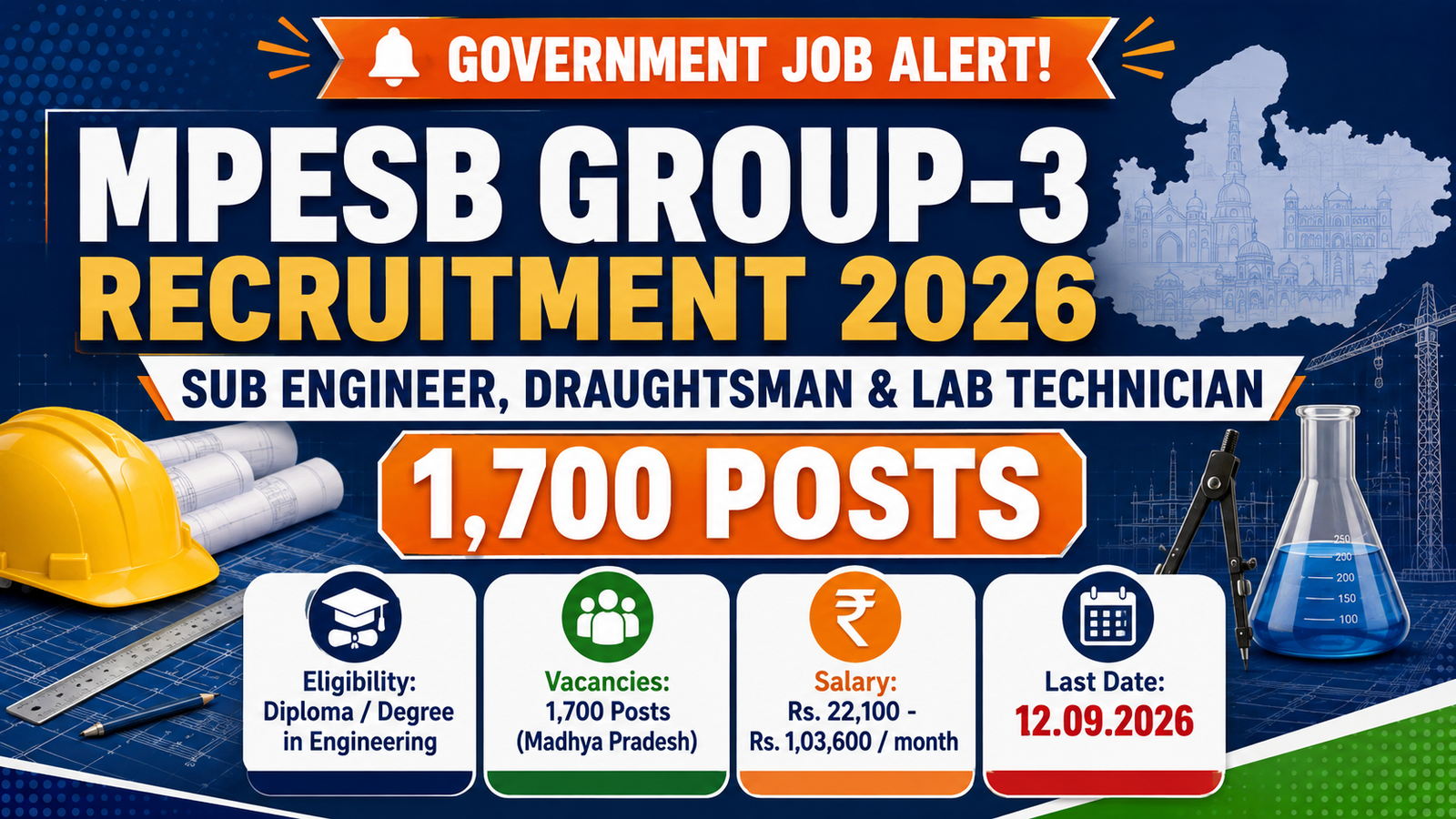 MPESB Group-3 Recruitment 2026 banner - 1,700 Sub Engineer, Draughtsman and Lab Technician posts in Madhya Pradesh, last date 12.09.2026