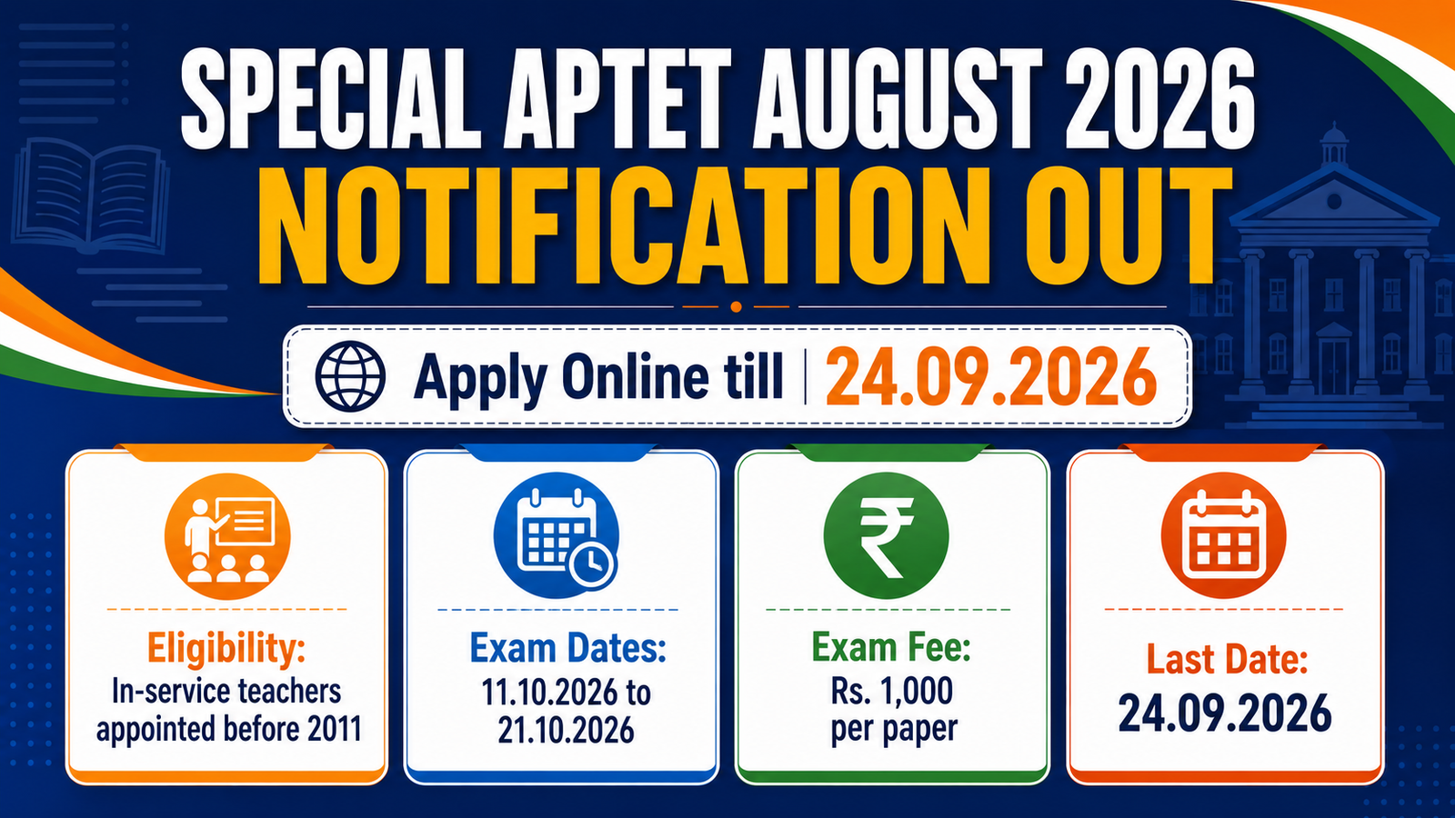 Special APTET August 2026 notification banner showing eligibility for in-service teachers appointed before 2011, exam dates 11.10.2026 to 21.10.2026, exam fee Rs. 1,000 per paper and last date 24.09.2026