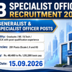 IOB Specialist Officer Recruitment 2026 banner showing 291 Generalist and Specialist Officer posts, eligibility, salary and last date 15.09.2026