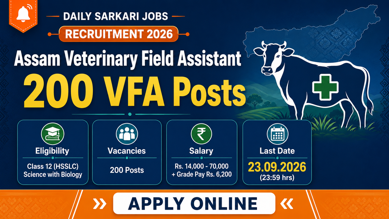 Assam Veterinary Field Assistant Recruitment 2026 banner showing 200 VFA posts, Class 12 HSSLC Science with Biology eligibility, Rs. 14,000-70,000 pay and last date 23.09.2026