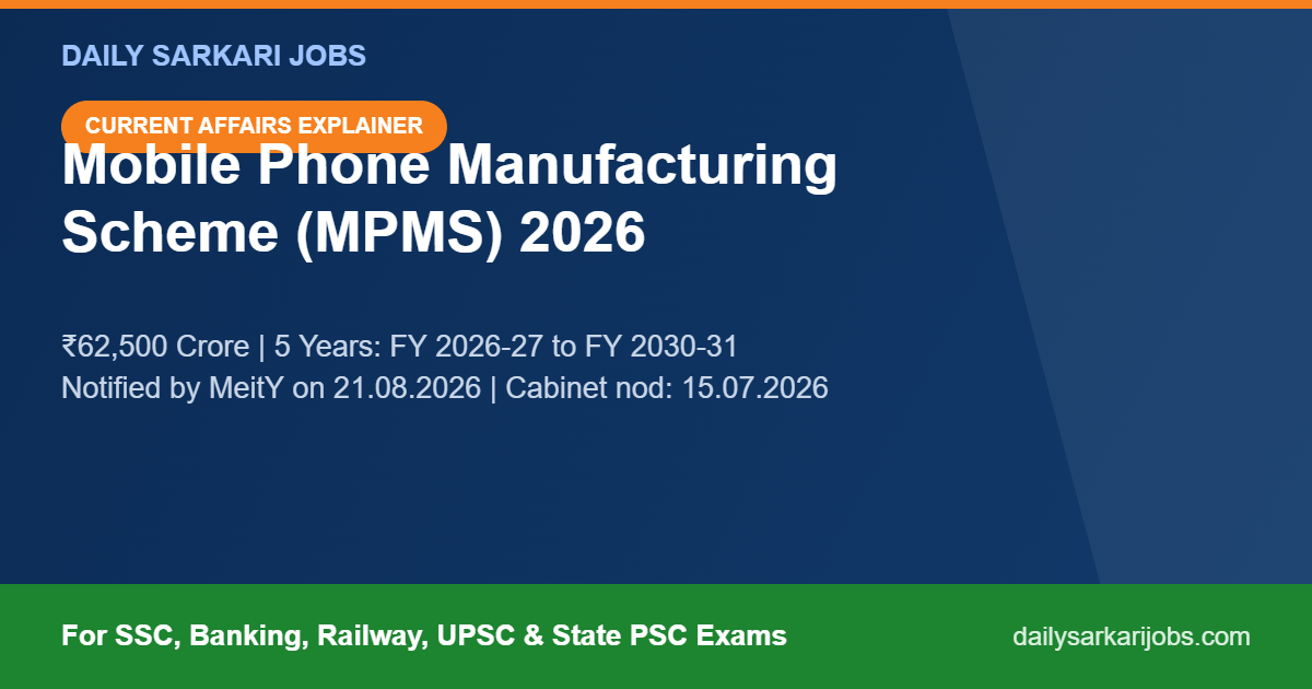 Mobile Phone Manufacturing Scheme MPMS 2026 banner: Rs 62,500 crore outlay, FY 2026-27 to FY 2030-31, notified by MeitY on 21.08.2026