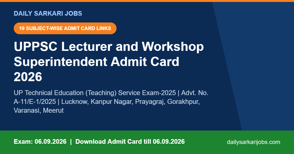 UPPSC Lecturer and Workshop Superintendent Admit Card 2026 - Advt. No. A-11/E-1/2025, UP Technical Education Teaching Service Exam-2025 on 06.09.2026, 19 subject-wise download links