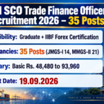 SBI SCO Trade Finance Officer Recruitment 2026 banner showing 35 posts, Graduate plus IIBF Forex Certification eligibility and the 19.09.2026 last date