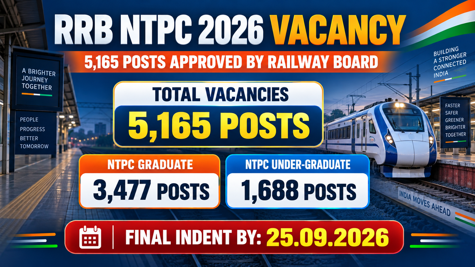 RRB NTPC 2026 vacancy approved by Railway Board - 5,165 posts, 3,477 Graduate and 1,688 Under-Graduate