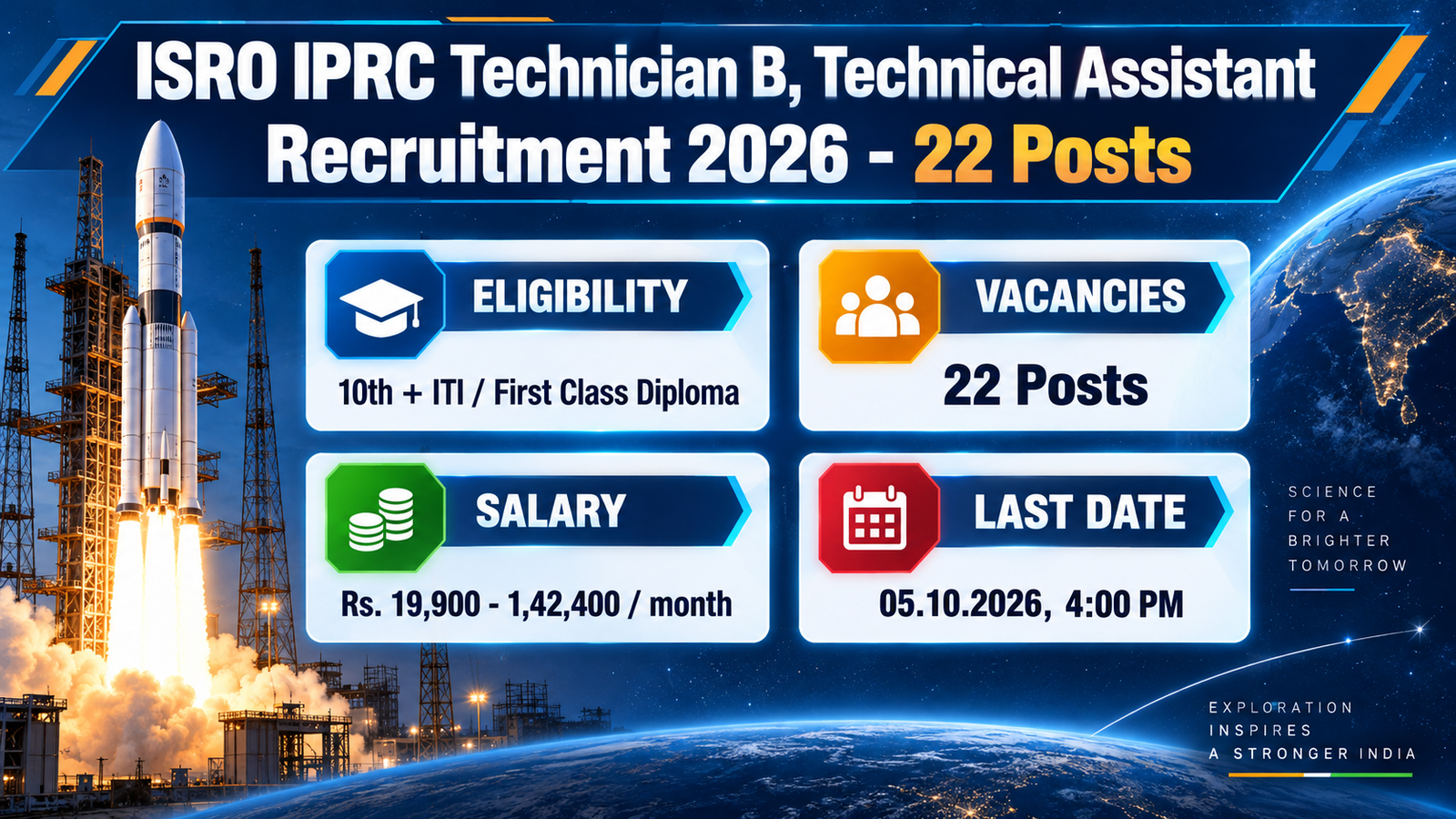 ISRO IPRC Recruitment 2026 banner showing 22 posts, eligibility 10th plus ITI or First Class Diploma, salary Rs. 19,900 to 1,42,400 per month and last date 05.10.2026 at 4:00 PM