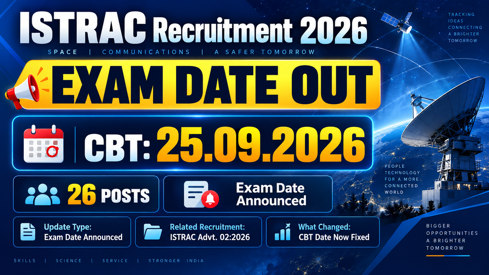 ISTRAC Recruitment 2026 exam date banner - Computer Based Test on 25.09.2026 for 26 posts under Advt. No. ISTRAC:02:2026