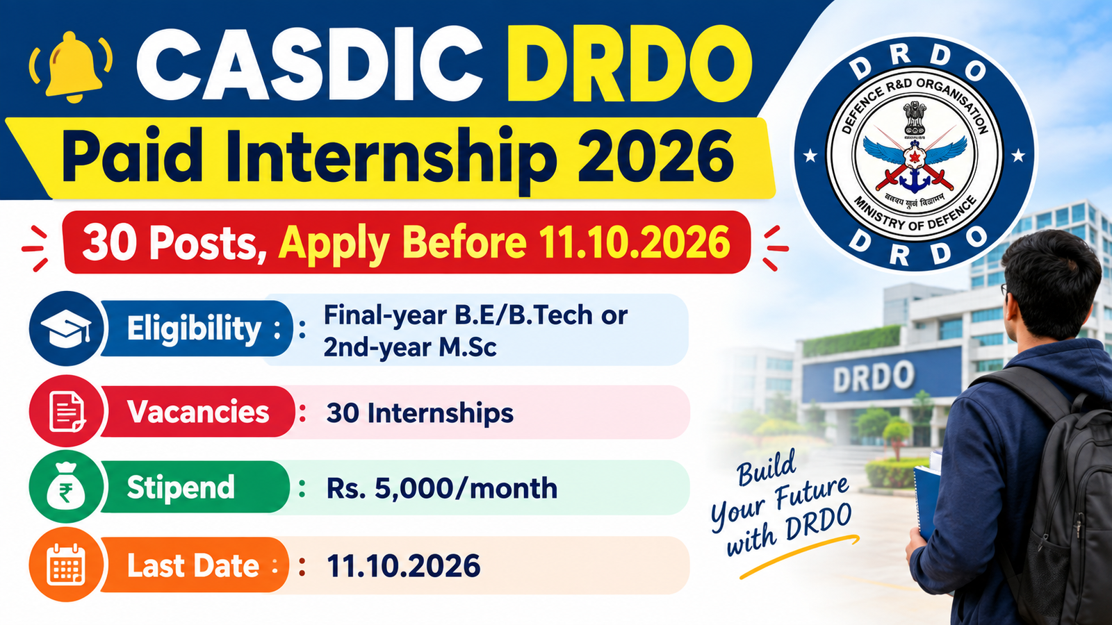 CASDIC DRDO Paid Internship 2026 banner - 30 internship posts at Bengaluru for final-year B.E/B.Tech and 2nd-year M.Sc students, Rs. 5,000 monthly stipend, apply before 11.10.2026
