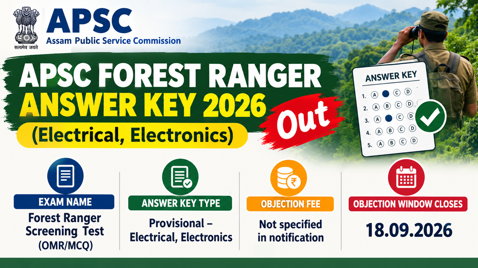 APSC Forest Ranger provisional Answer Key 2026 for Electrical and Electronics Engineering, objection window closes 18.09.2026