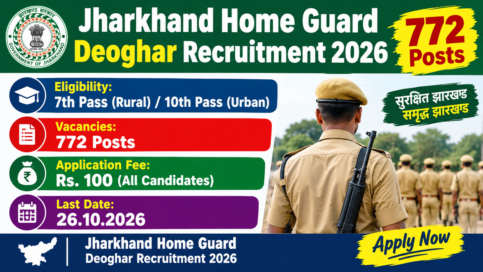 Jharkhand Home Guard Deoghar Recruitment 2026 banner showing 772 posts, 7th and 10th pass eligibility, Rs. 100 fee and 26.10.2026 last date