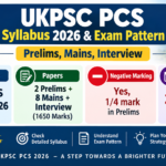 UKPSC PCS Syllabus 2026 and Exam Pattern banner showing exam name UKPSC PCS Group B 2026, 2 Prelims plus 8 Mains papers plus Interview totalling 1650 marks, negative marking of one fourth mark in Prelims, and apply before 29.09.2026