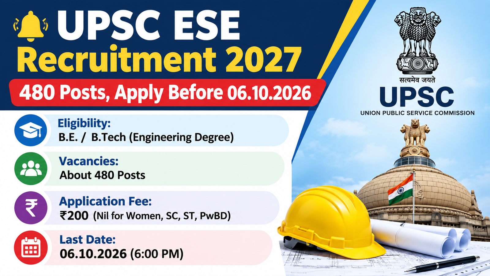 UPSC ESE Recruitment 2027 – about 480 Engineering Services posts, B.E./B.Tech eligibility, fee Rs. 200 (nil for women, SC, ST, PwBD), last date 06.10.2026
