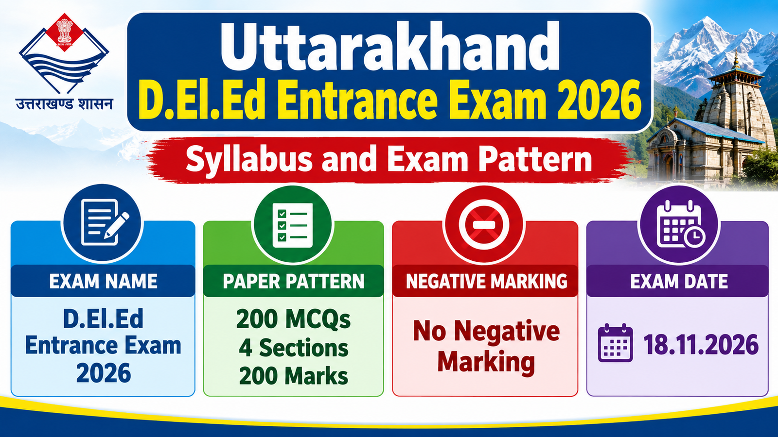 Uttarakhand D.El.Ed Entrance Exam 2026 syllabus and exam pattern banner - 200 MCQs, 4 sections, 200 marks, no negative marking, exam on 18.11.2026