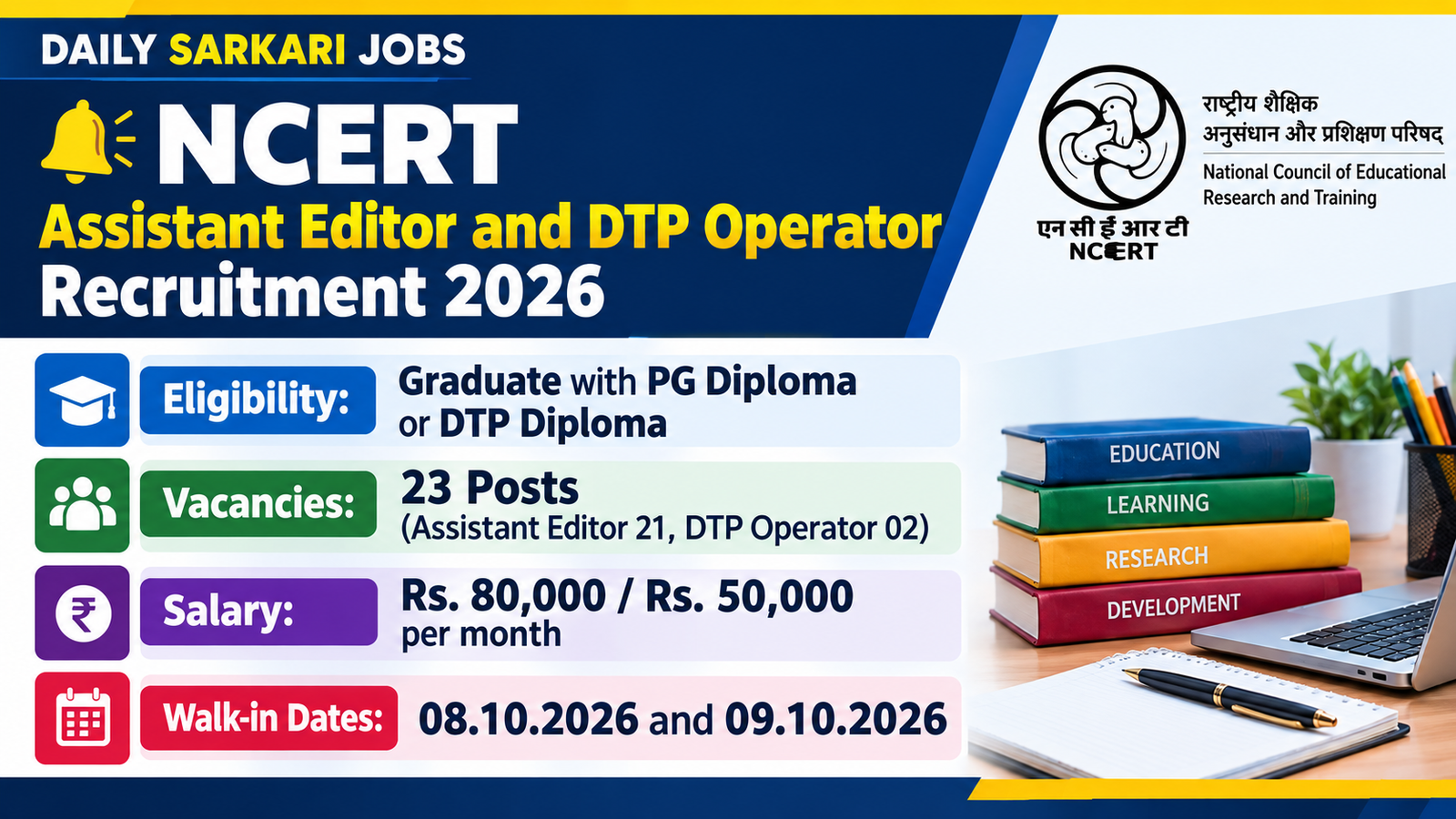 NCERT Assistant Editor and DTP Operator Recruitment 2026 banner - 23 posts, eligibility, salary Rs. 80,000 and Rs. 50,000 per month, walk-in dates 08.10.2026 and 09.10.2026