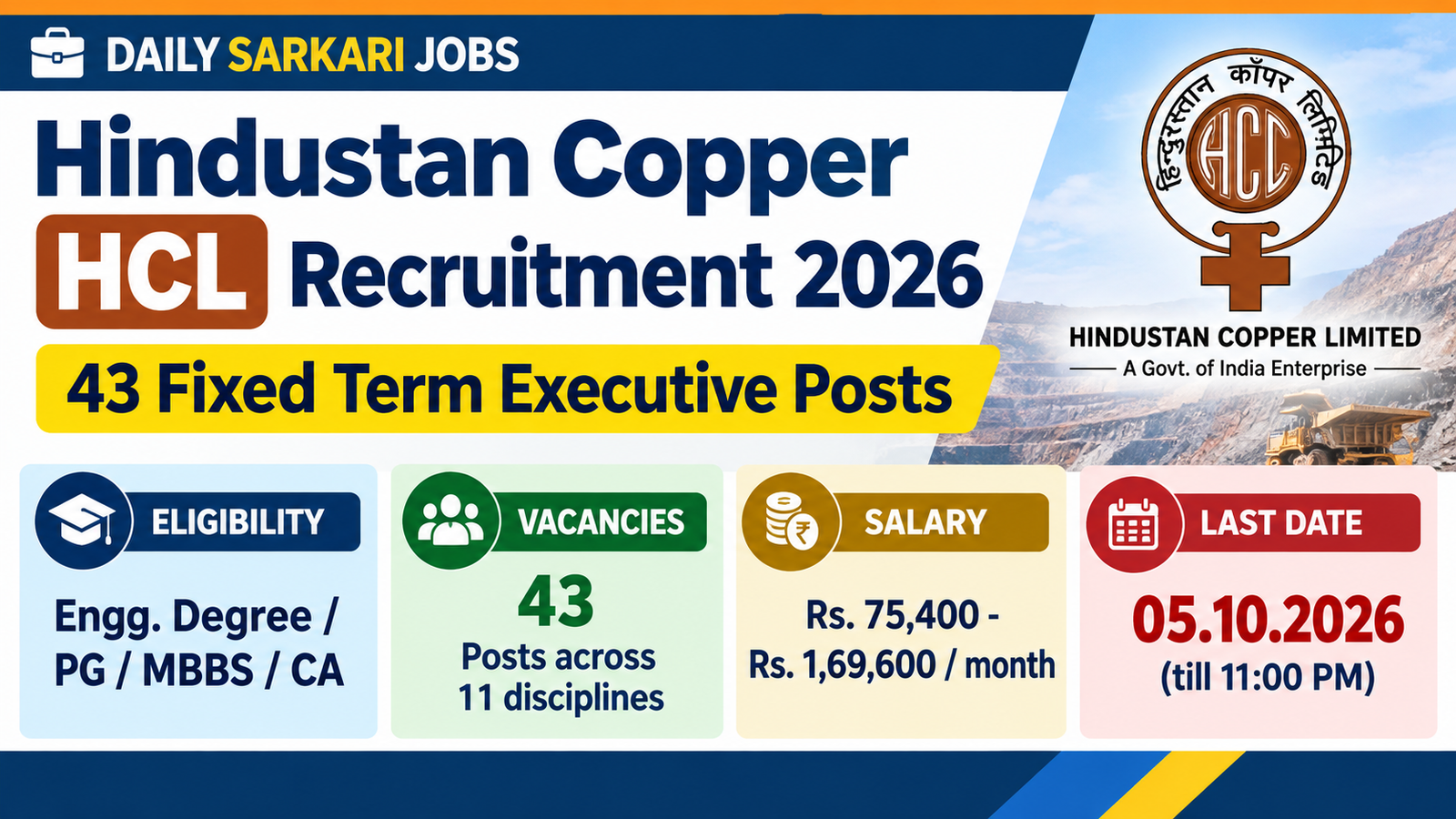 Hindustan Copper Limited HCL Fixed Term Executive Recruitment 2026 banner showing 43 posts across 11 disciplines, eligibility, pay of Rs. 75,400 to Rs. 1,69,600 per month and the last date 05.10.2026