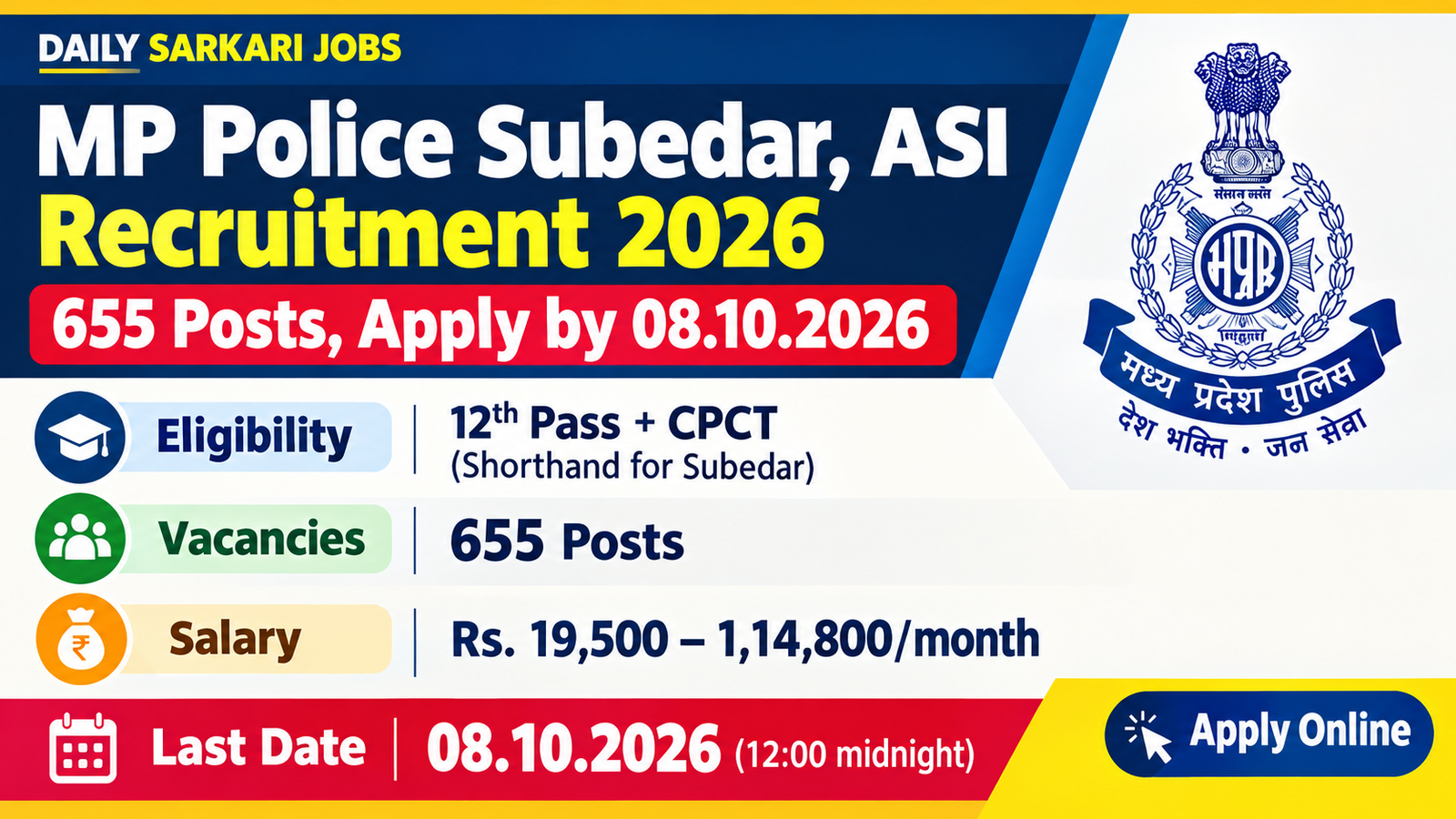 MP Police Subedar and Assistant Sub Inspector Recruitment 2026 banner with the Madhya Pradesh Police emblem, showing 655 posts, 12th Pass with CPCT eligibility, salary Rs. 19,500 to 1,14,800 per month and last date 08.10.2026