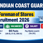 Indian Coast Guard Foreman of Stores Recruitment 2026 – Apply by 03.11.2026 Indian Coast Guard Foreman of Stores Recruitment 2026 banner showing 04 posts, Pay Matrix Level-6 and last date 03.11.2026
