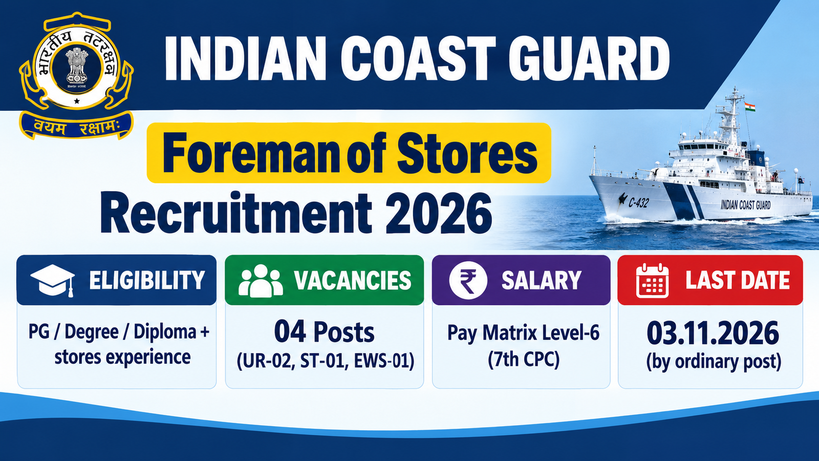 Indian Coast Guard Foreman of Stores Recruitment 2026 banner showing 04 posts, Pay Matrix Level-6 and last date 03.11.2026