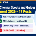 RRC Chennai Scouts and Guides Recruitment 2026 – 17 Posts, Apply by 18.10.2026 RRC Chennai Scouts and Guides Recruitment 2026 banner showing 17 posts in Pay Level-1 and Level-2, eligibility 10th ITI 12th with Scout qualification, and last date 18.10.2026