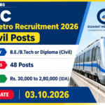 GMRC Gujarat Metro Recruitment 2026 – 48 Civil Posts, Apply by 03.10.2026 GMRC Gujarat Metro Rail Corporation Civil Recruitment 2026 banner showing 48 Civil posts, B.E./B.Tech or Diploma eligibility, Rs. 30,000 to 2,80,000 IDA pay and the 03.10.2026 last date