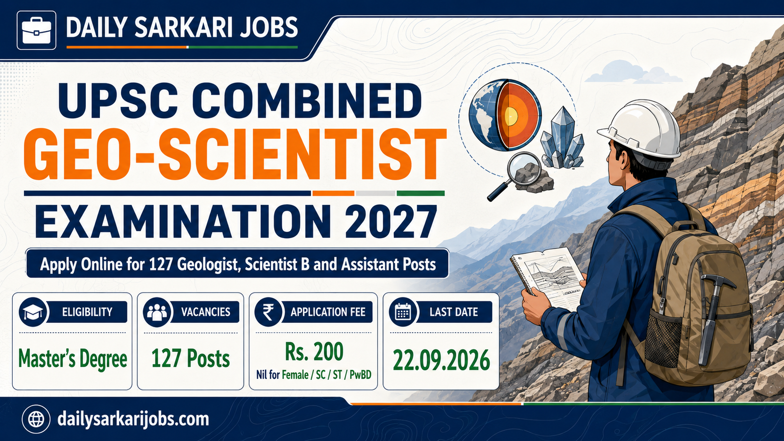 UPSC Combined Geo-Scientist Examination 2027 banner showing 127 vacancies, Master's Degree eligibility, Rs. 200 application fee and last date 22.09.2026