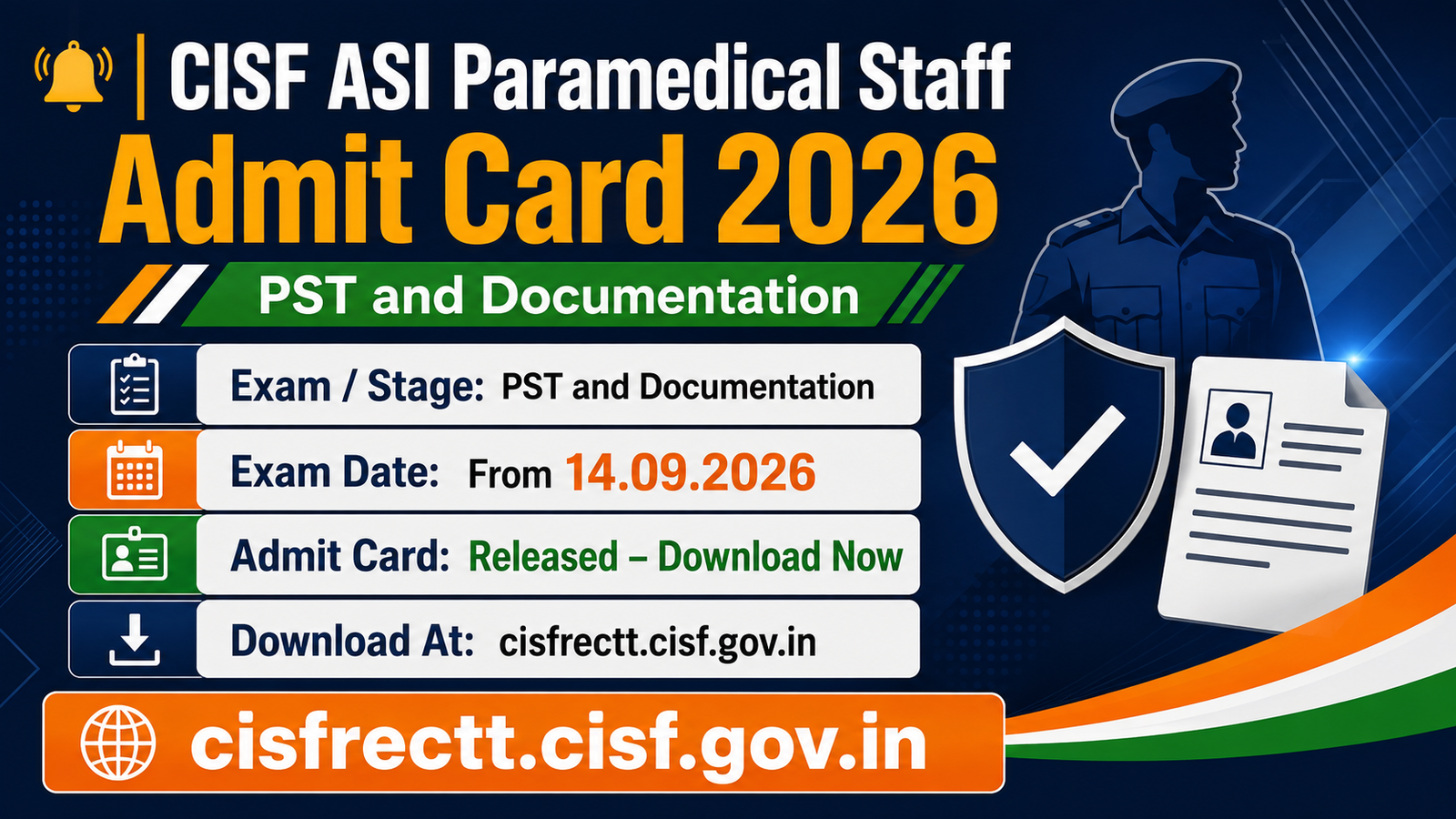 CISF ASI Paramedical Staff Admit Card 2026 banner - PST and Documentation from 14 September 2026, download at cisfrectt.cisf.gov.in