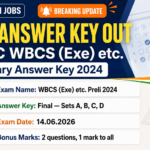 WBPSC WBCS Exe etc Preliminary Examination 2024 final answer key banner showing exam date 14.06.2026, final key for booklet sets A B C D and 2 bonus questions