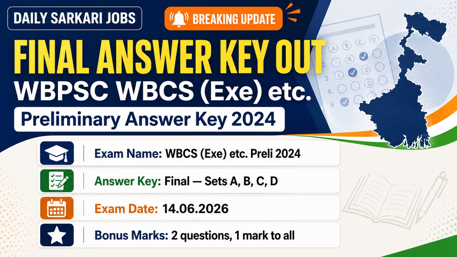WBPSC WBCS Exe etc Preliminary Examination 2024 final answer key banner showing exam date 14.06.2026, final key for booklet sets A B C D and 2 bonus questions