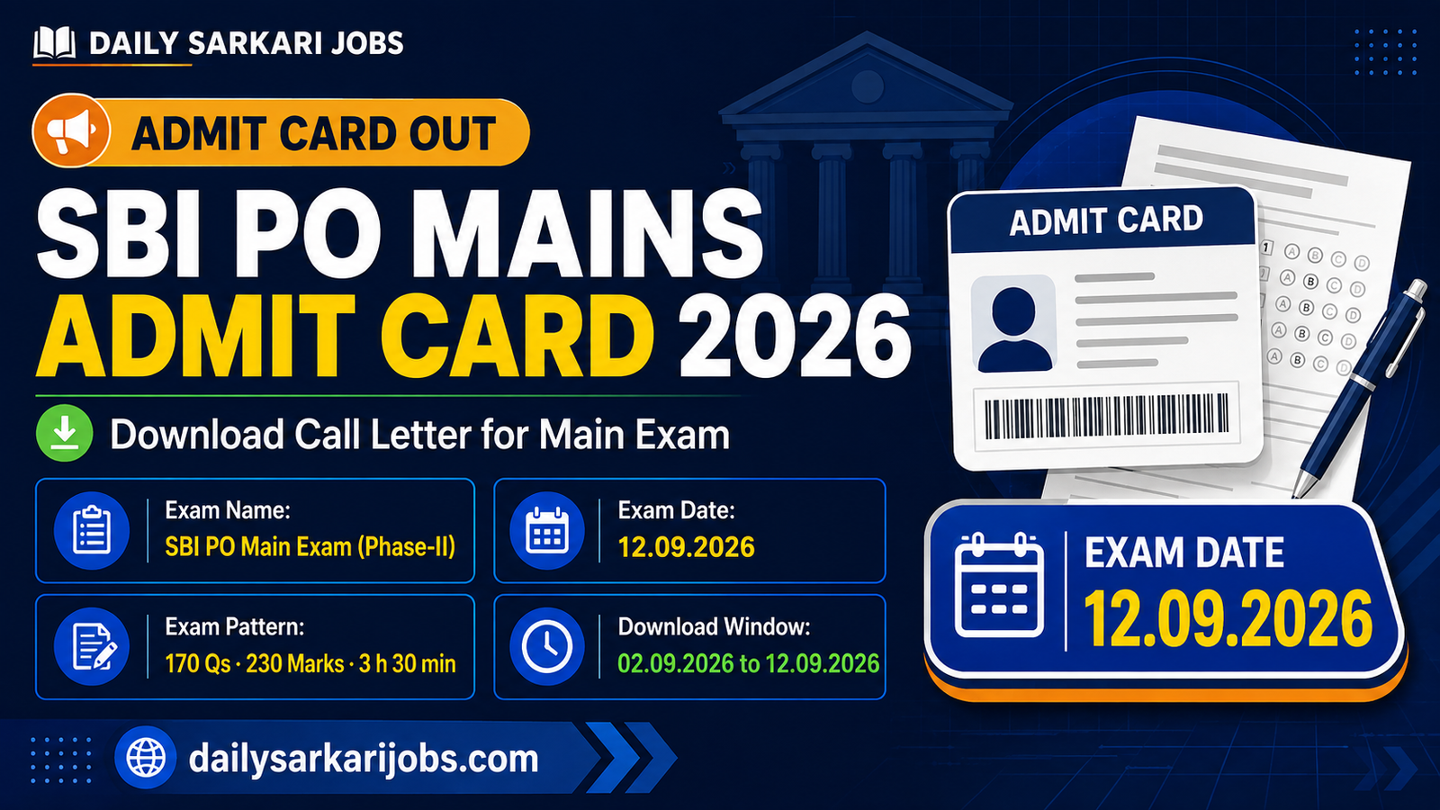 SBI PO Mains Admit Card 2026 banner – Main Examination Phase-II call letter, exam on 12.09.2026, 170 questions and 230 marks in 3 hours 30 minutes, download window 02.09.2026 to 12.09.2026