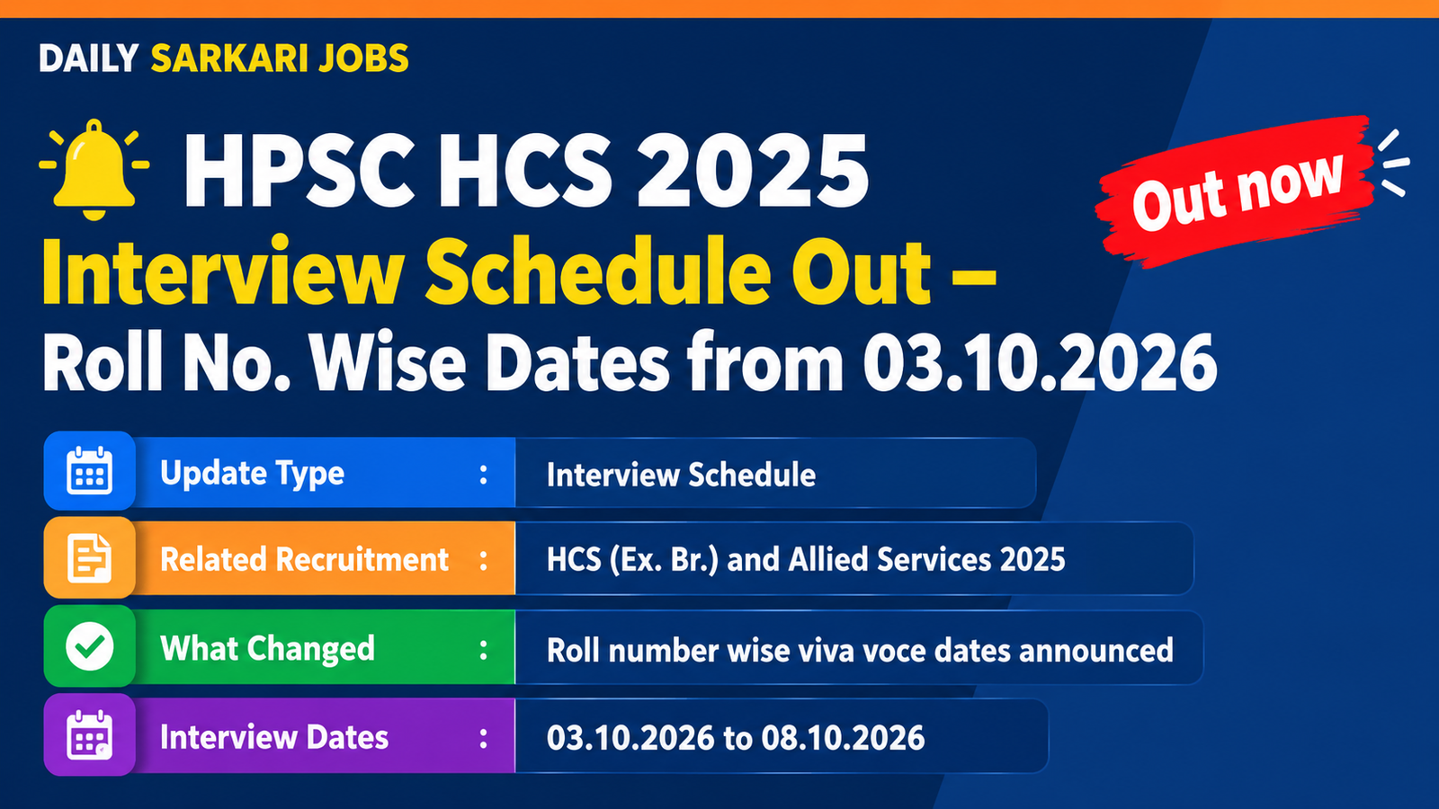 HPSC HCS 2025 interview schedule banner - roll number wise viva voce dates from 03.10.2026 to 08.10.2026 at Panchkula
