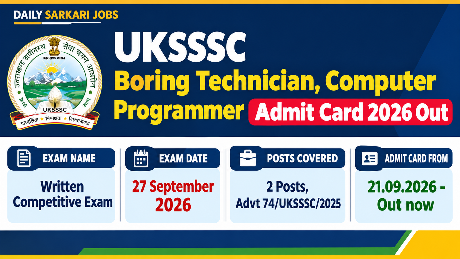 UKSSSC Assistant Boring Technician and Computer Programmer admit card 2026 banner, written competitive exam on 27 September 2026, admit card available from 21.09.2026