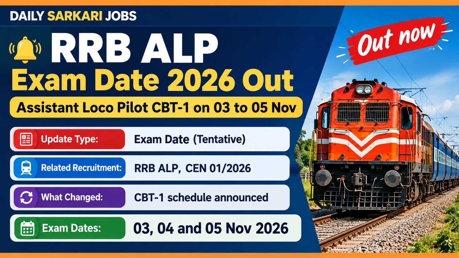 RRB ALP exam date 2026 banner: CEN 01/2026 Assistant Loco Pilot CBT-1 on 03, 04 and 05 November 2026