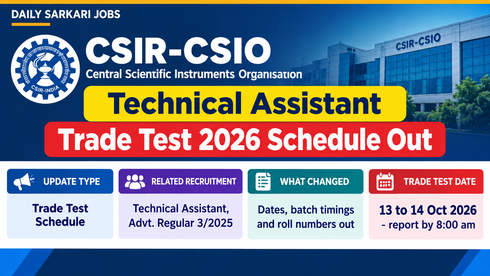 CSIR-CSIO Technical Assistant Trade Test 2026 schedule banner with test dates 13 to 14 October 2026 and reporting time 8:00 am