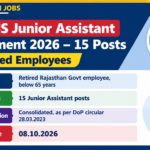 RUHS Junior Assistant Recruitment 2026 banner showing 15 posts for retired Rajasthan Government employees below 65 years, consolidated remuneration and the 08.10.2026 last date