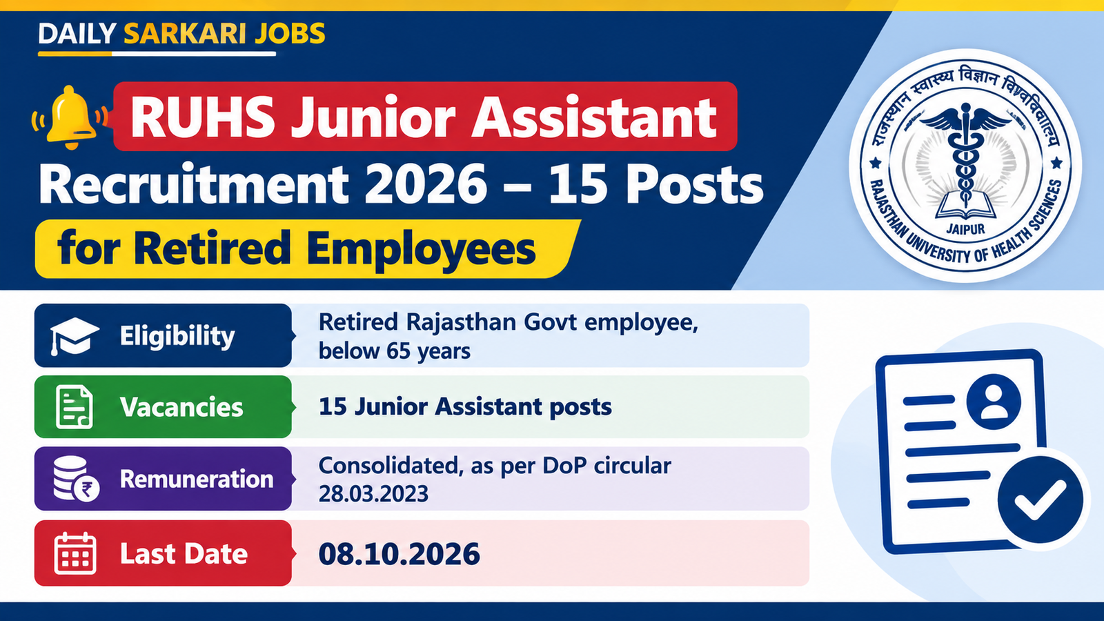 RUHS Junior Assistant Recruitment 2026 banner showing 15 posts for retired Rajasthan Government employees below 65 years, consolidated remuneration and the 08.10.2026 last date