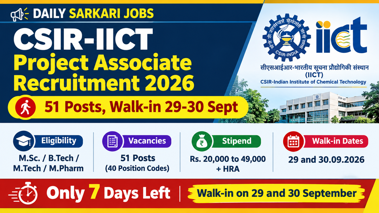 CSIR-IICT Project Associate Recruitment 2026 banner – 51 posts, walk-in-interview on 29 and 30 September 2026 at Hyderabad
