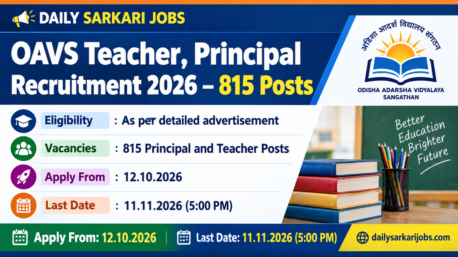 OAVS Teacher and Principal Recruitment 2026 banner – 815 posts, apply online 12.10.2026 to 11.11.2026