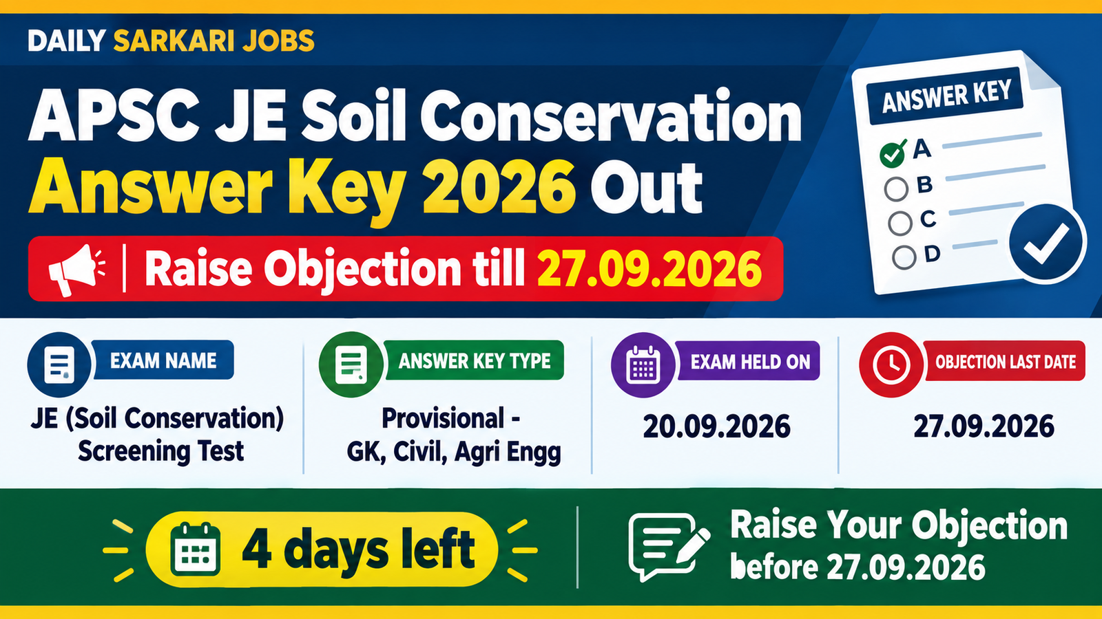 APSC JE Soil Conservation Answer Key 2026 Out – raise objection till 27.09.2026, exam held 20.09.2026