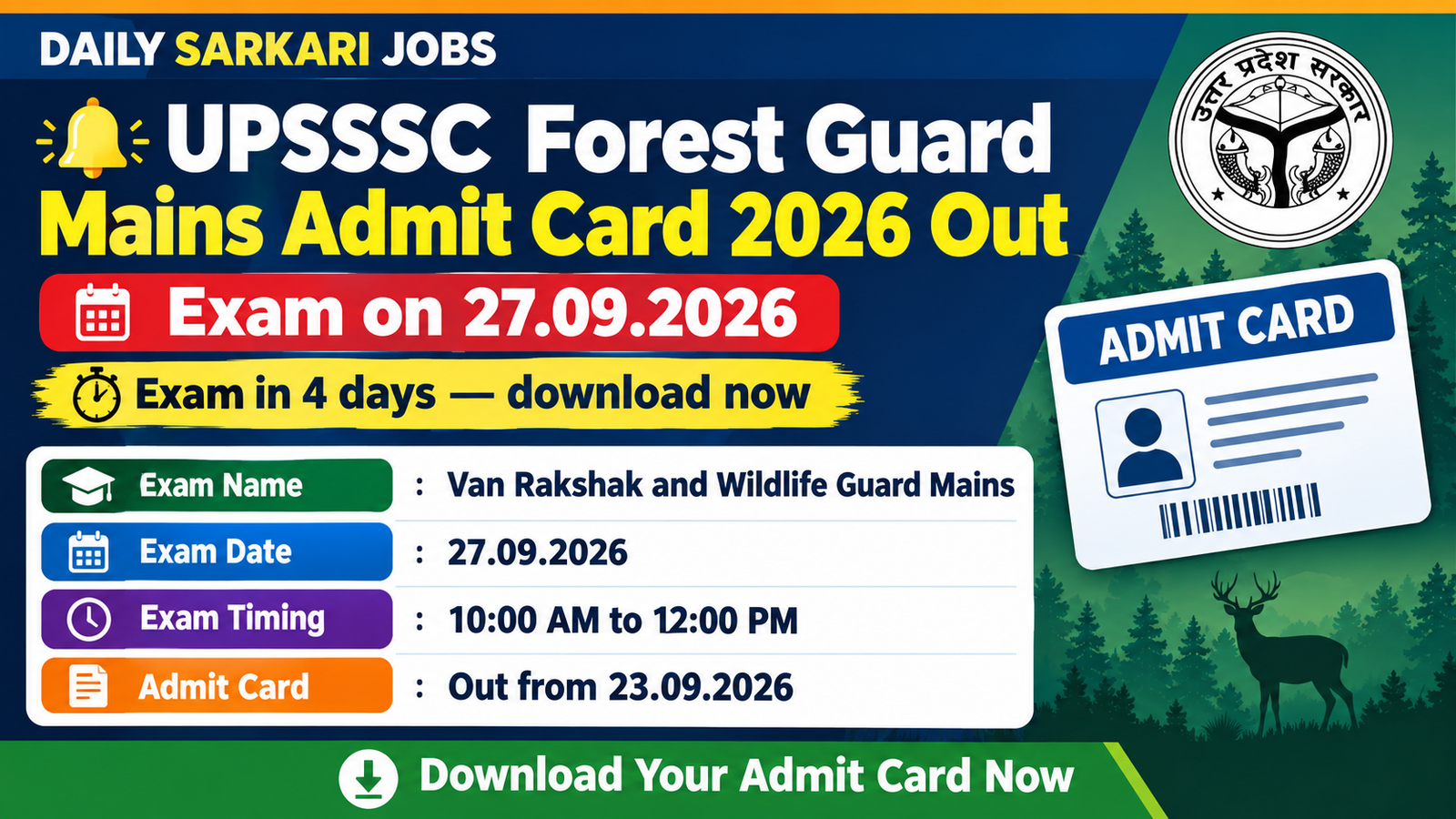 UPSSSC Forest Guard Mains Admit Card 2026 out, exam on 27.09.2026, 10 AM to 12 PM