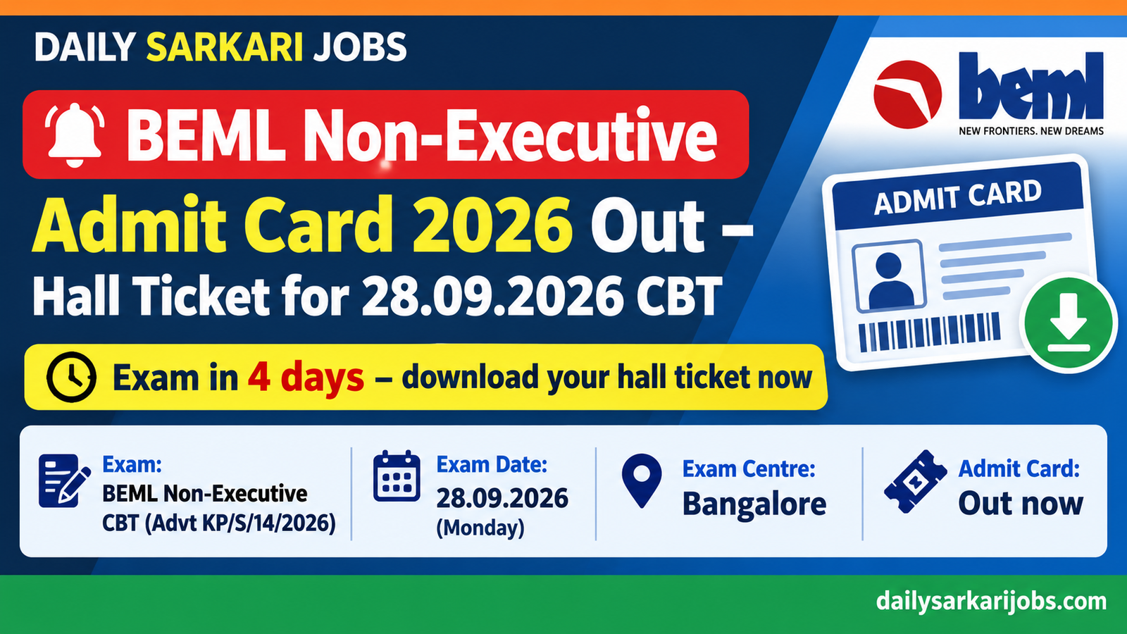 BEML Non-Executive Admit Card 2026 out – hall ticket for CBT on 28.09.2026 in Bangalore, Advt KP/S/14/2026
