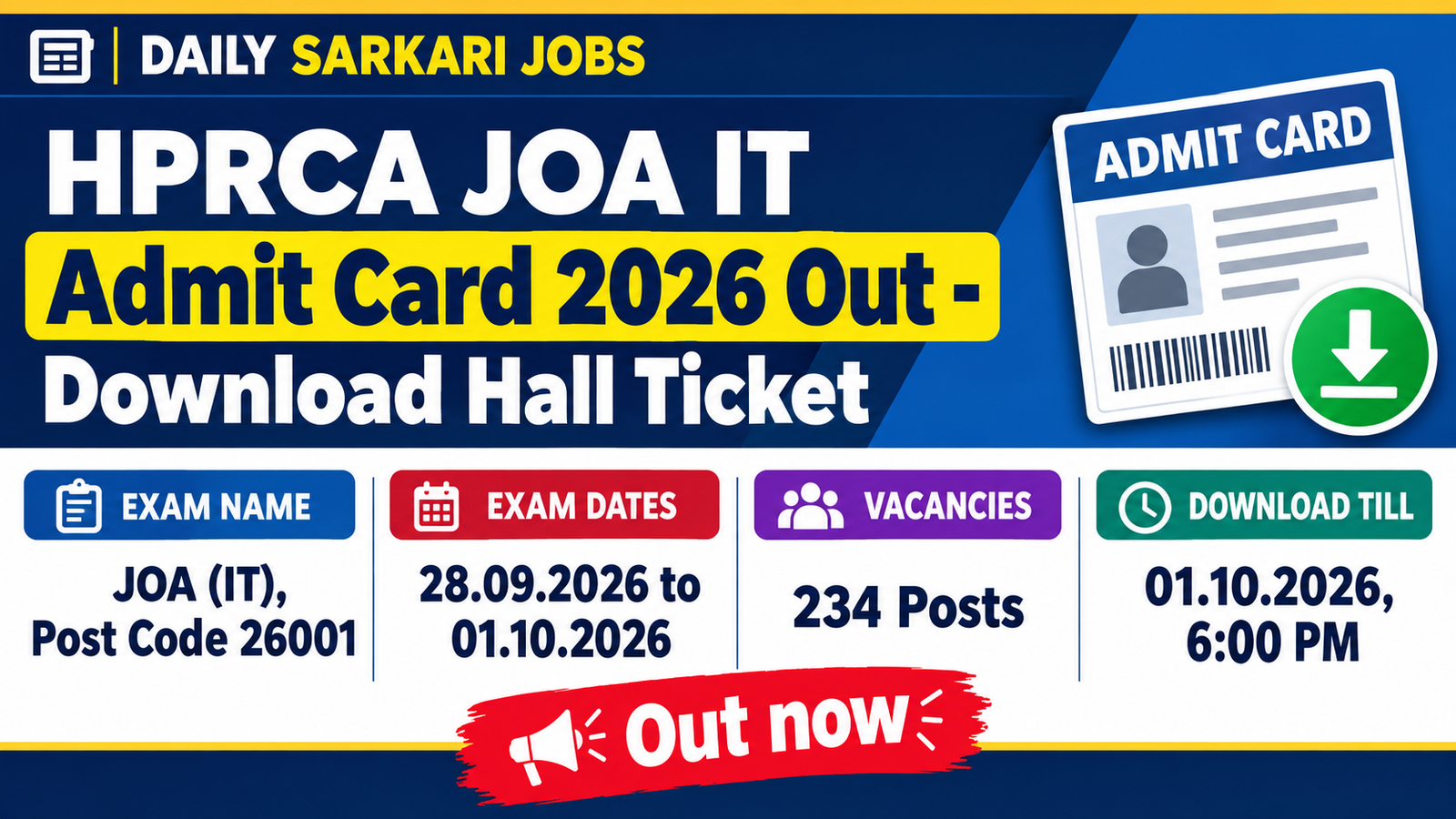 HPRCA Junior Office Assistant IT admit card 2026 for Post Code 26001, exam from 28.09.2026 to 01.10.2026, 234 posts
