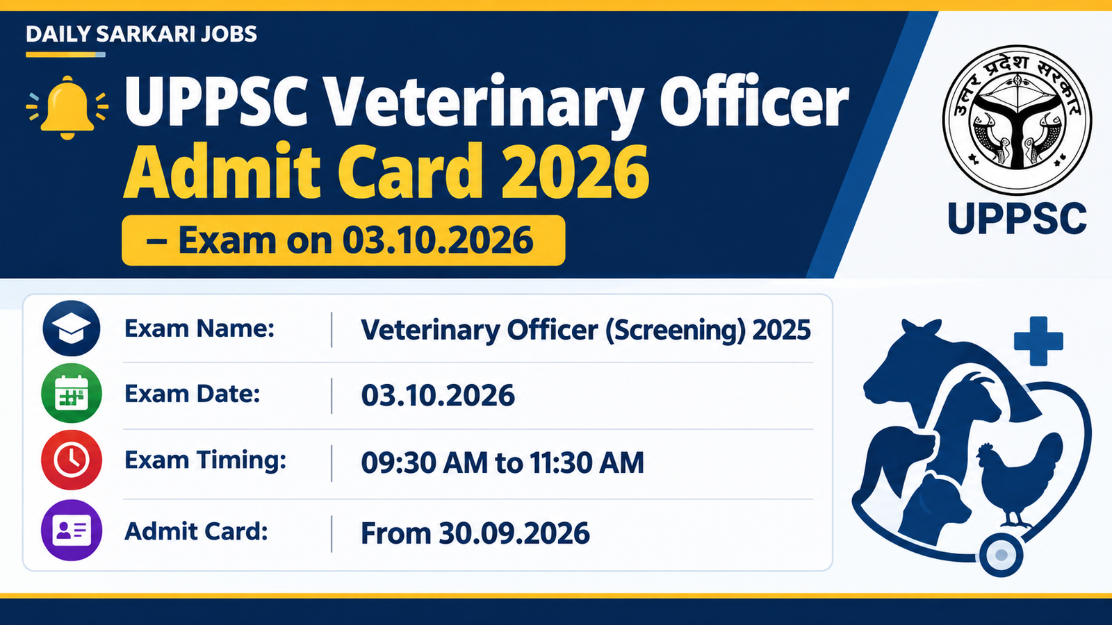 UPPSC Veterinary Officer Admit Card 2026 - exam on 03.10.2026, admit card from 30.09.2026